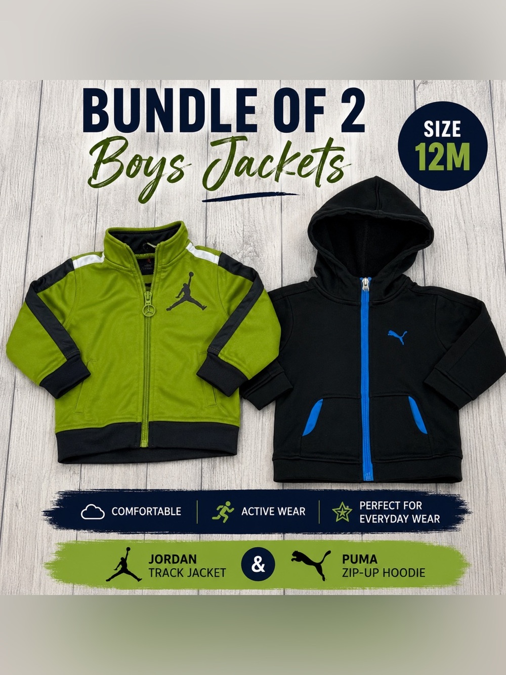 Jordan & Puma Boys Jacket Bundle Size 12M Track Jacket Zip-Up Hoodie 2-Piece